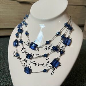 Vintage Navy Blue Chrystal Clear Beaded Silver Statement Layered Unique Necklace